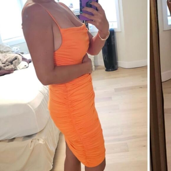 Dress Spaghetti Strap Bodycon Party Club Midi Dress Orange. - Picture 6 of 10